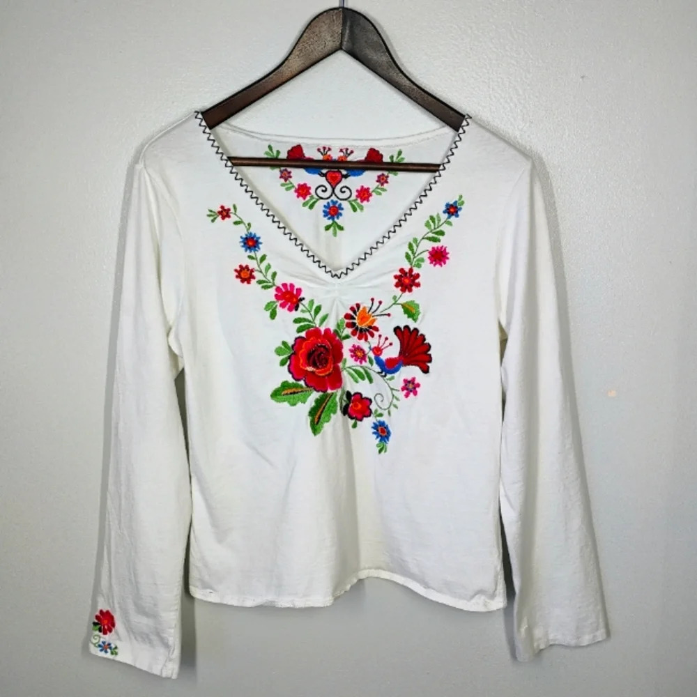 White Stag Bohemian Floral‎ Bird Embroidered Long Sleeve White Top Size Small
